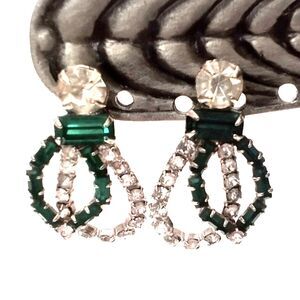 Vintage Green & Clear Rhinestone Screw Back Earrings 1 1/8"